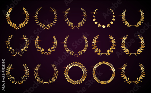 Golden laurel winner wreaths realistic vector illustration set. Classic victory garland element 3d models on dark background. Efforts reward