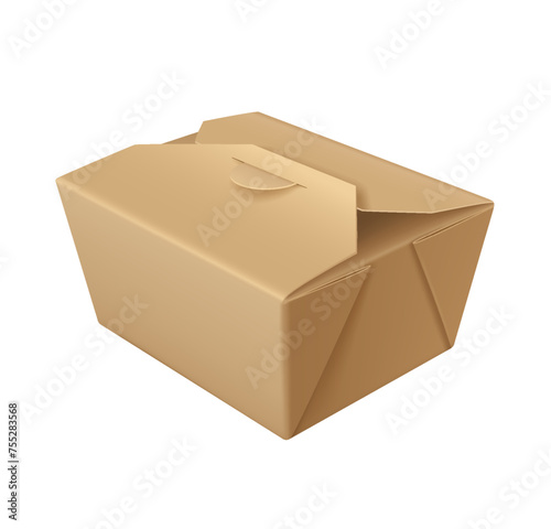 Takeout noodle cardboard box realistic vector illustration. Asian food restaurant products mockup packaging 3d object on white background