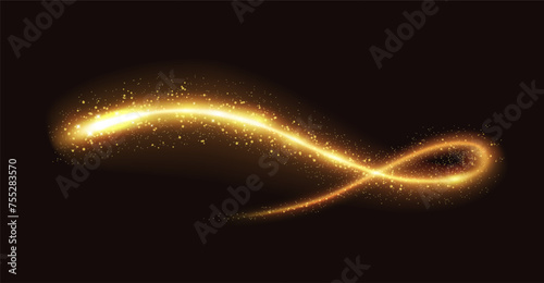 Mystic golden glitter trace realistic vector illustration. Brilliant magic wand trail. Glowing fairy dust 3d element on black background