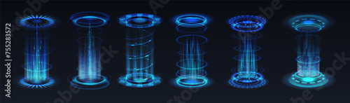 Futuristic teleportation technology realistic vector illustration set. Level up glowing aura 3d elements on black background. RPG template