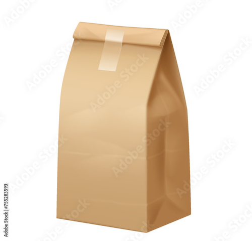 Paper bag closed with adhesive tape realistic vector illustration. Recyclable container. Takeaway food packaging 3d object on white background