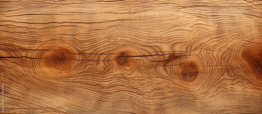 A detailed closeup of a brown hardwood plank with knots and grain, showcasing a beautiful wood stain and varnish on the flooring A detailed closeup of a brown hardwood plank with knots and grain, showcasing a beautiful wood stain and varnish on the flooring