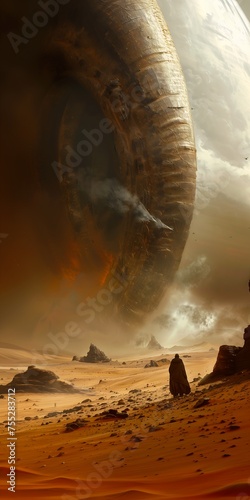 man sitting rock desert stunning alien ship wreck interstellar portal rustic enormous secure arena entertainment dune random arts hot maw afar