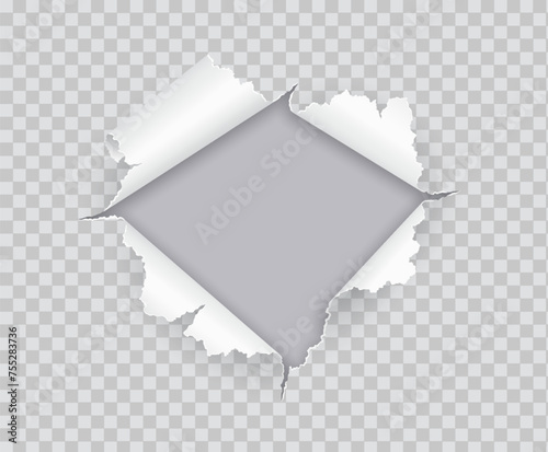 Hole in torn paper rolled on grey backdrop realistic vector illustration. Damaged sheet with curves edges 3d object on transparent background