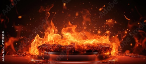A cake is on fire, blazing brightly in the darkness, creating a stark contrast. The flames seem to dance around the dessert, highlighting the dangerous situation.