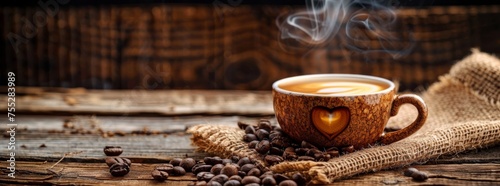 Aromatic coffee in a handmade cup with a burlap heart, surrounded by coffee beans on a wooden surface.