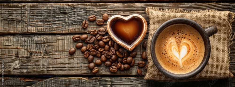 Two cups of coffee with heart-shaped art on a rustic wooden table with burlap and coffee beans.