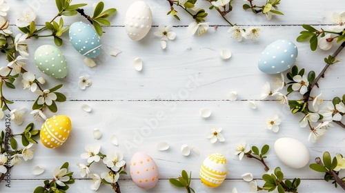 closeup white wooden table easter eggs flowers confucius jury trial magical items impactful graphic design scattered props loosely cropped photo