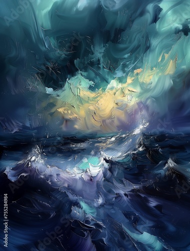 stormy ocean boat middle cosmic neural network blurred dreamy illustration music album avatar flowing rhythms empyrean fractured reality deep weather night