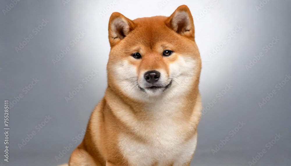 Front view of Shiba Inu's face taken against a gray background