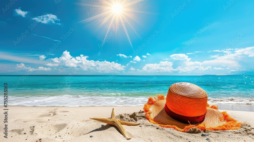 Vibrant beach scene with starfish and hat - Bright sunlit beach with a single starfish and orange sunhat on golden sands