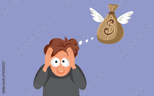 Sad Man Thinking of Inflation and Money Loss Vector Character. Unhappy employee losing income and savings due to recession 
