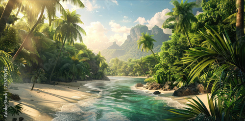 Tropical beach with clear sky and lush forest - A picturesque view of a serene tropical beach surrounded by lush greenery and a clear, sunny sky
