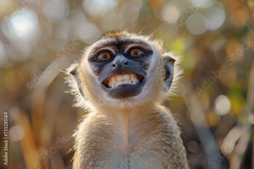 Vervet monkey showing teeth in delight - A vervet monkey is captured in a candid moment, grinning widely, showing teeth against a bokeh backdrop © Tida