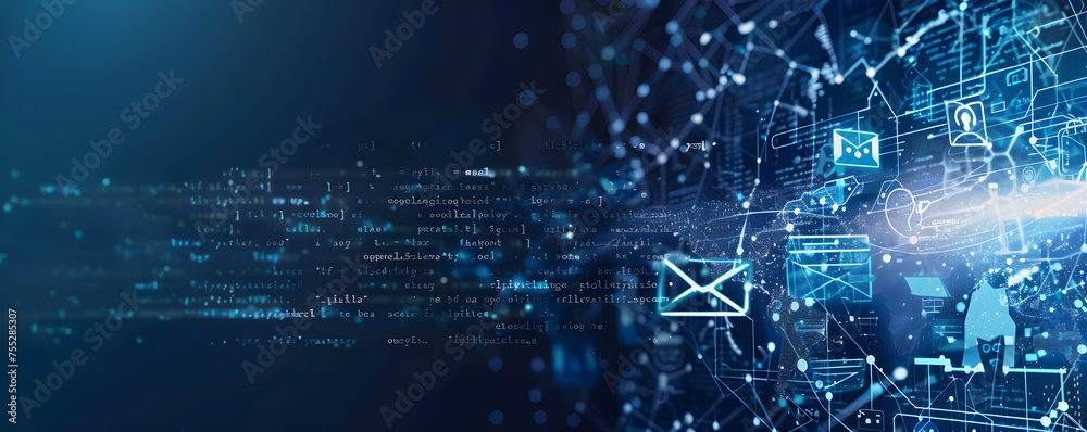 custom made wallpaper toronto digitalpeople debating, email client, letters, email, network, in style of futuristic fragmentation, dark blue and white banner with copy space area