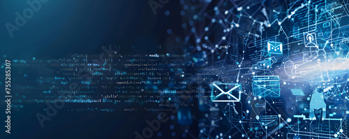 people debating, email client, letters, email, network, in style of futuristic fragmentation, dark blue and white banner with copy space area photo