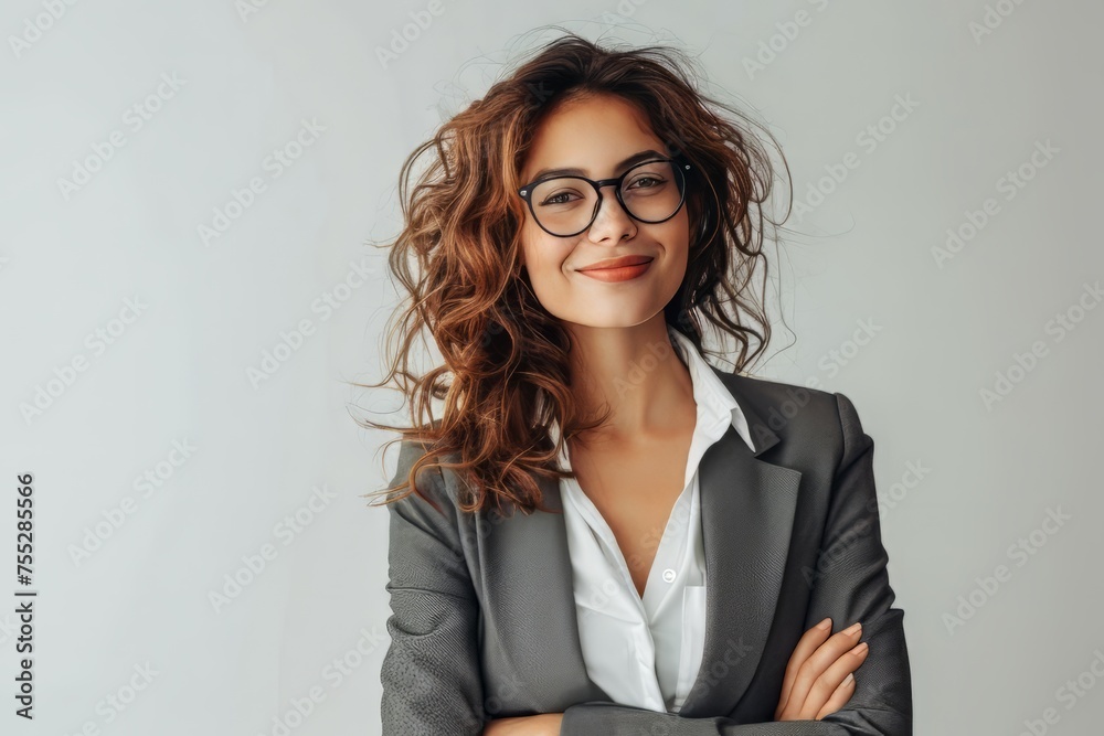 A successful business woman looks confident and smiles on white background A successful business woman looks confident and smiles on white background