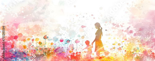 mother with baby watercolor clipart, in the style of vibrant murals