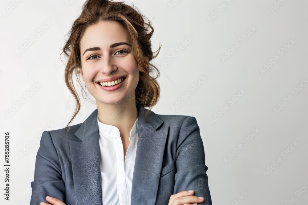 A successful business woman looks confident and smiles on white background A successful business woman looks confident and smiles on white background