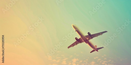 Commercial airplane ascending with a warm sunset glow in the sky background.