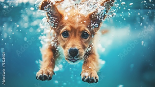An adorable golden retriever puppy swimming underwater, surrounded by a flurry of bubbles, showcasing playful energy.