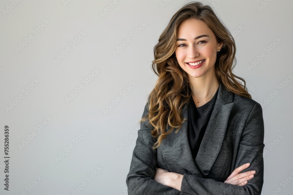 A successful business woman looks confident and smiles on white background A successful business woman looks confident and smiles on white background