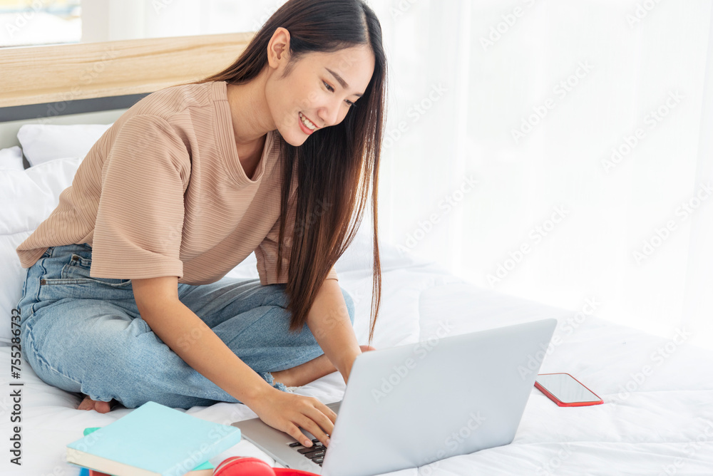 Empty Green Screen laptop Blogger Woman hands typing Laptop computer keyboard. Close up women hands using laptop sitting sofa living room. Freelance women work from home office video call conference