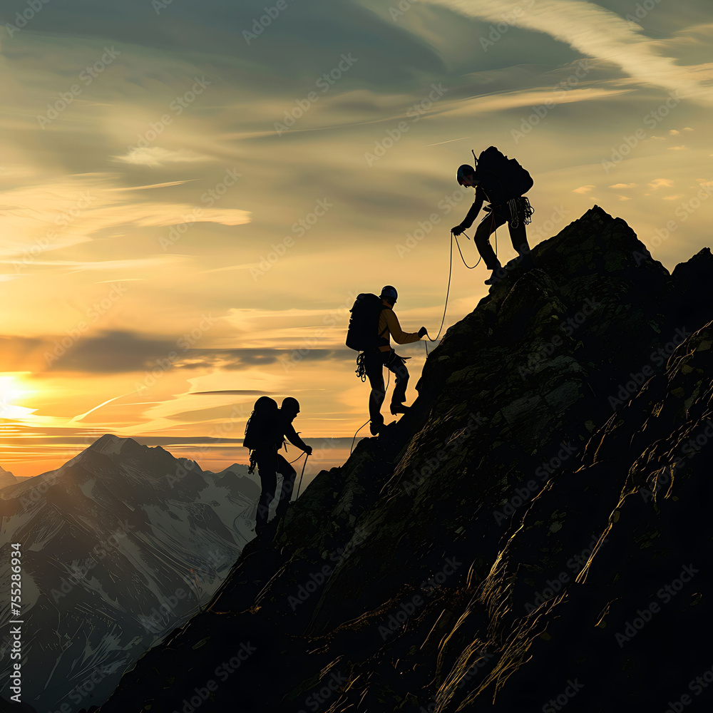 Fototapeta premium the silhouette of a climber climbing a steep mountain, symbolizes the process and hard work in achieving the target.