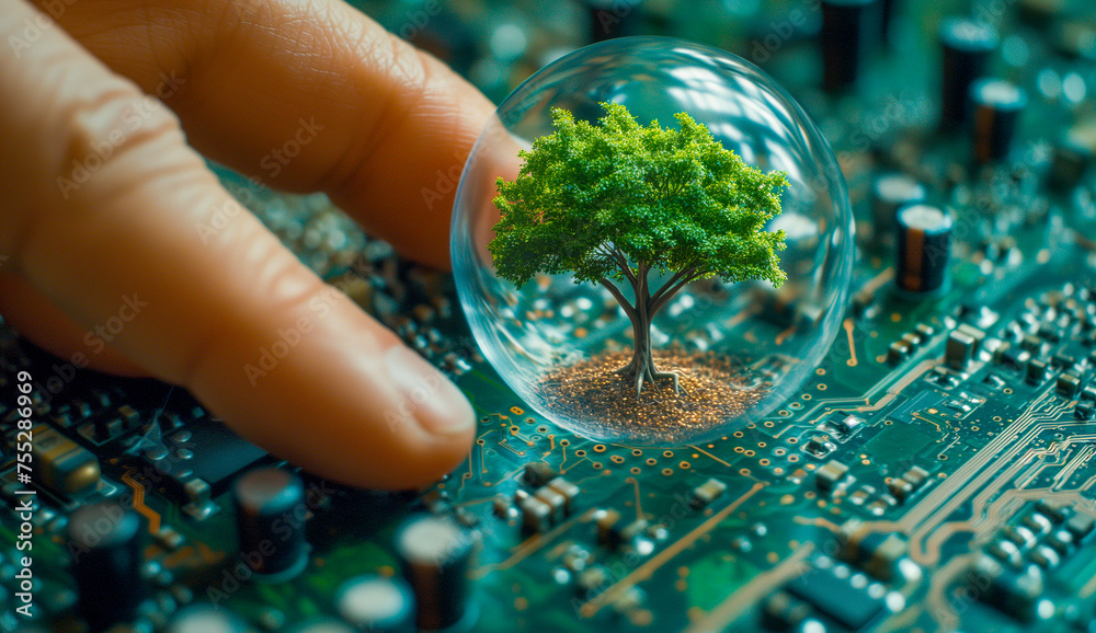 A person's finger points to a green tree encapsulated within a clear bubble on a circuit board