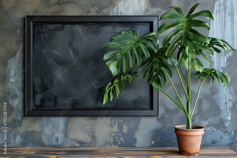Black frame mockup with monstera plant in pot. 3D rendering Black frame mockup with monstera plant in pot. 3D rendering