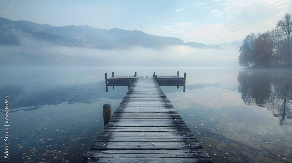 A foggy lake with a wooden pier and a dock