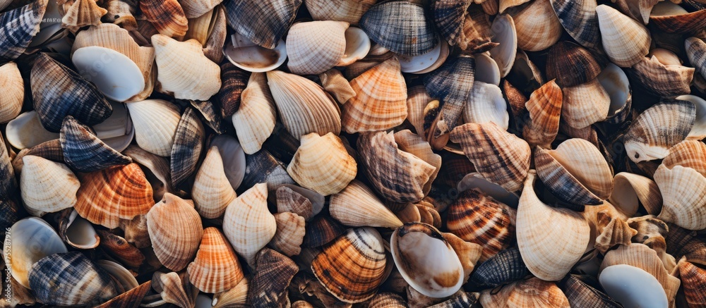 A collection of natural materials such as sea shells, rocks, and wood can be found on the beach, forming intricate patterns that inspire art and cuisine