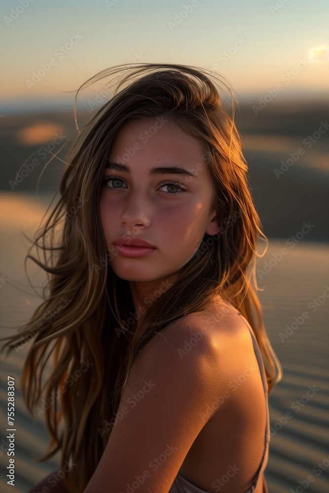 woman long hair sitting sand dunes desert alluring lips teen girl entertainment dune portrait looking shoulder tan