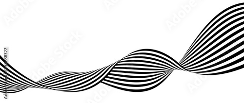 Black and white wavy bent ribbon element. Curved stripe shape background. Liquid abstract line wallpaper for banner, cover, poster, presentation, brochure, flyer. Optical illusion art backdrop. Vector