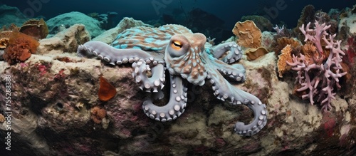 A cephalopod, the octopus, gracefully moves on a coral reef underwater. This marine invertebrate event showcases the beauty of marine biology