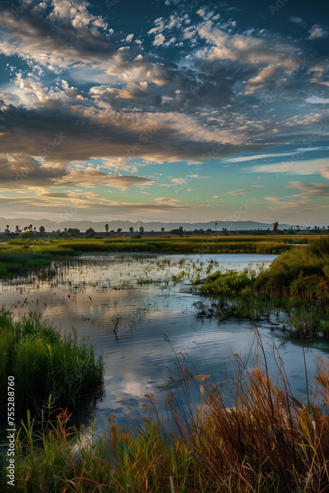 small pond deep grass middle golden hour california head shoulders tectonic sky anthropology marsh wide