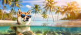 Shiba Inu wearing sunglasses enjoying a summer tropical beachside vacation.
