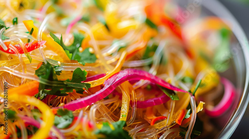 A closeup of a bowl of algae noodles with thin translucent strands interwoven with brightly colored veggies and herbs. The noodles have a chewy texture and a slightly salty