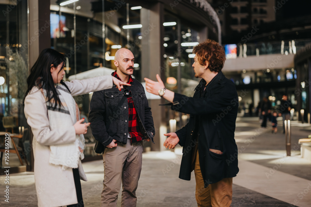 Three professionals engaged in a serious business conversation at night, indicating teamwork and collaboration in an urban setting.