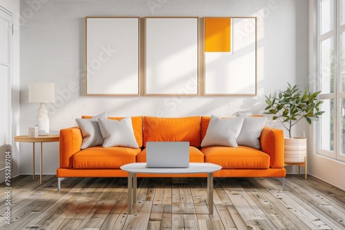 Bright living room interior with three empty white posters, orange sofa, coffee table with laptop and oak wooden floor. Minimalist design of art gallery. Space for creative idea. Mock up. 3d rendering