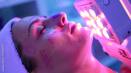 A patient sits comfortably in a dermatology clinic receiving a photodynamic therapy treatment where a specialized light device targets and eradicates precancerous cells on