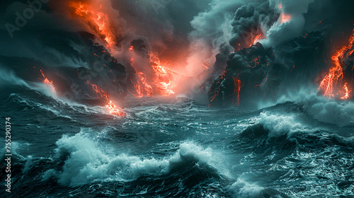 Powerful waves breaking against a coastal landscape of jagged black rocks each crevice aflame casting a sinister light on the churning surf