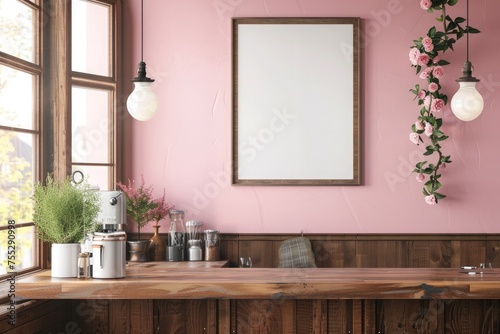 Empty wooden picture frame mockup hanging on pastel wall in a cafe or kitchen with wooden counter top. Working space  home office. Modern interior.