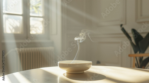 photo of a cigarette ashtray placed on a modern minimalist table. With a background of clean white walls and minimalist furniture, Ai generated Images