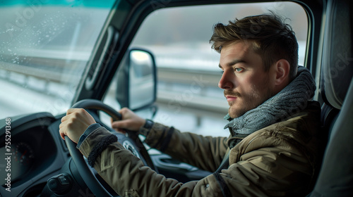 A male truck driver relaxes in a car seat, with his hands relaxed gripping the steering wheel and a calm facial expression, Ai Generated Images