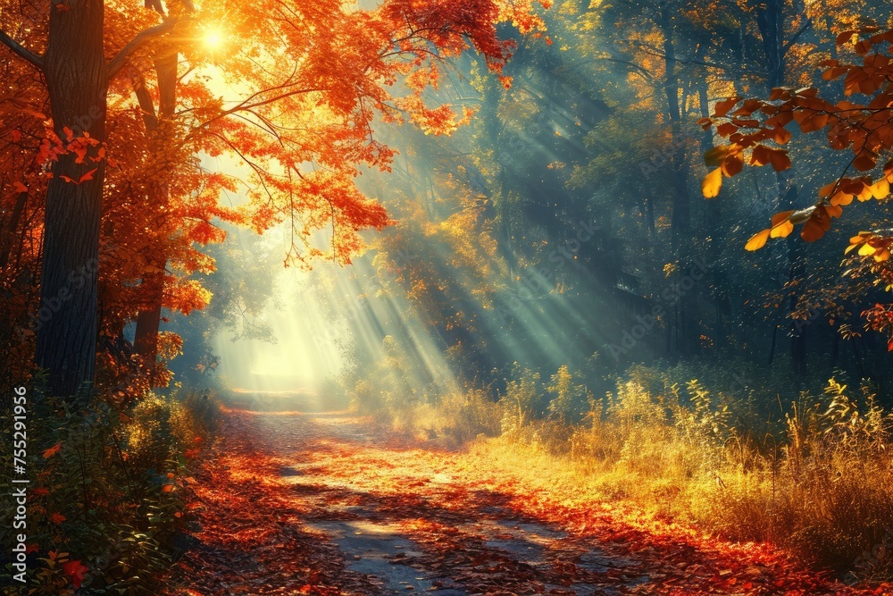 Autumn forest with sun rays.