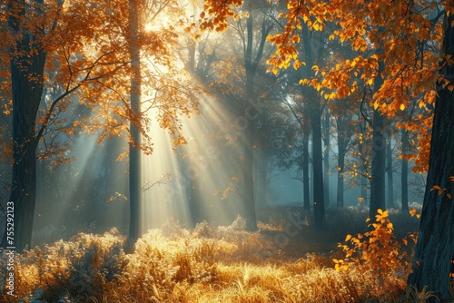Beautiful morning in the misty autumn forest with sun rays . © muhammad
