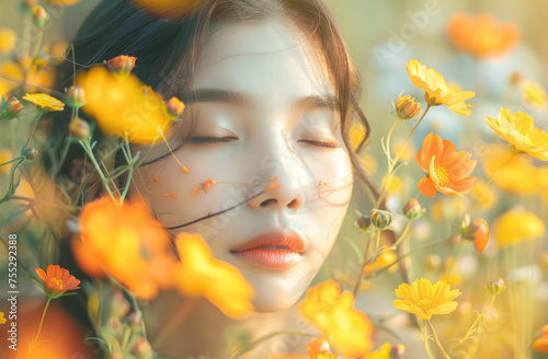 Portrait of a beautiful young Asian woman with closed eyes in a flowers field, with beautiful face skin, lit by orange colored light, with sun rays and dew drops on her skin