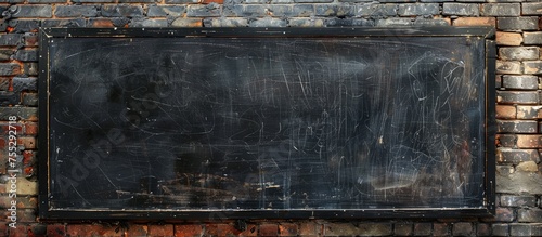 A rectangular blackboard hangs on a brick wall made of composite materials. The blackboard contrasts with the brickwork, creating an artsy pattern on the building exterior photo