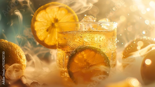 A close-up of a freshly prepared Brazilian capirinha served with subtle smoke hovering in the background. Delicious and refreshing lemon capirinha with ice.